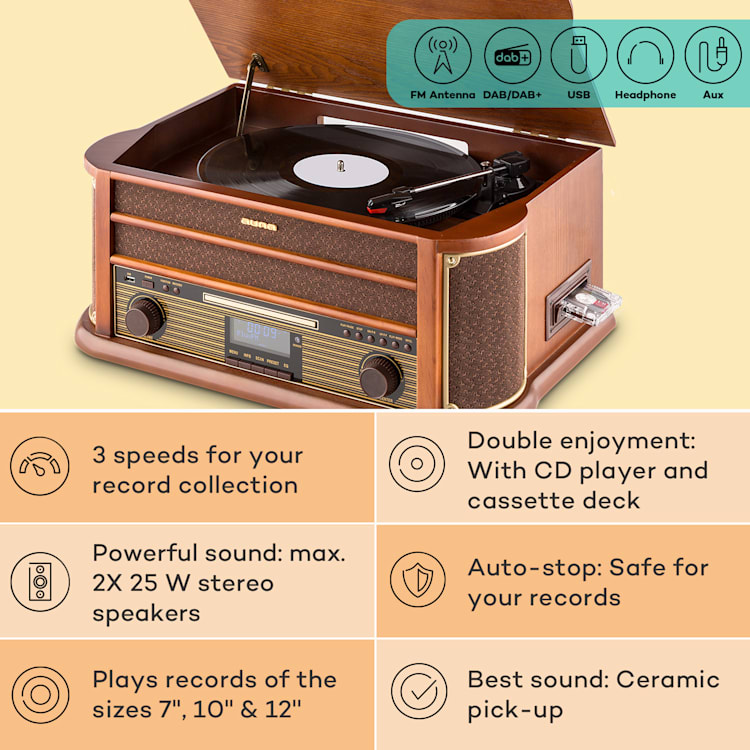 Belle Epoque 1908 DAB Retro-Stereoanlage Plattenspieler DAB+  CD-Player / DAB-Radio | Kirschbaumholz