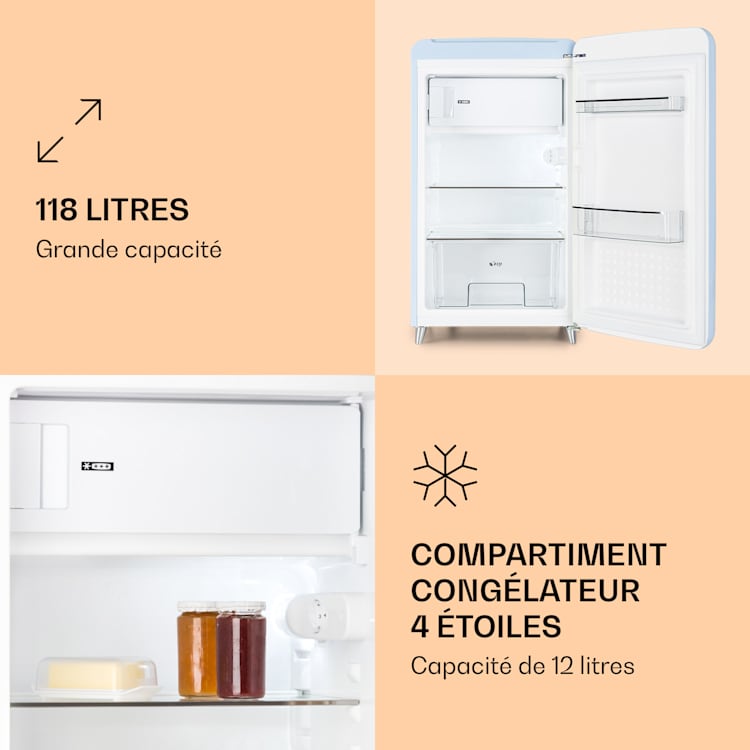 PopArt Retro Réfrigérateur 118 litres Compartiment congélateur : 13 litres température réglable Bleu