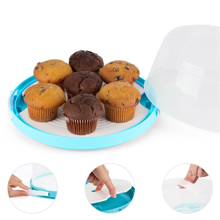 Boîte de transport à gâteaux cloche transparente cupcakes Ø26cm -bleu