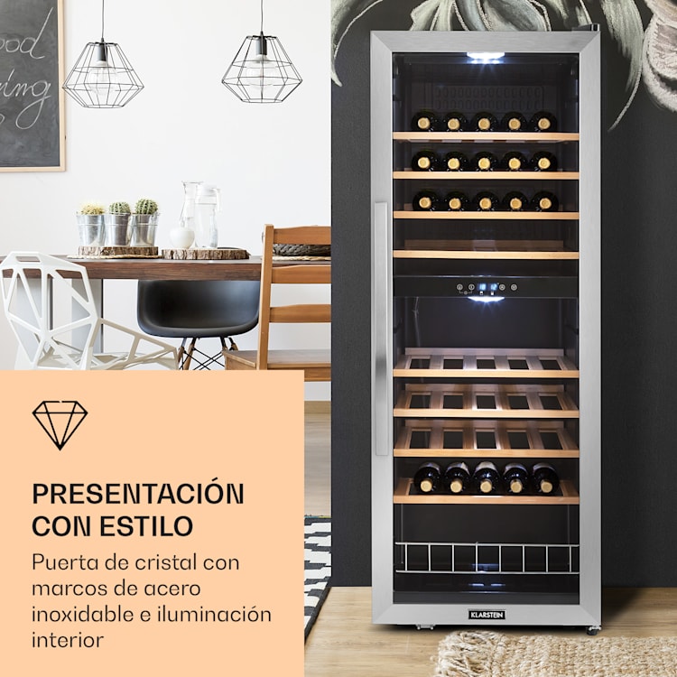 Nevera para vinos Vinamour 54 Duo, 2 zonas, 148 litros, 54 botellas, pantalla táctil 54 botellas | 2 zonas de refrigeración | Negro