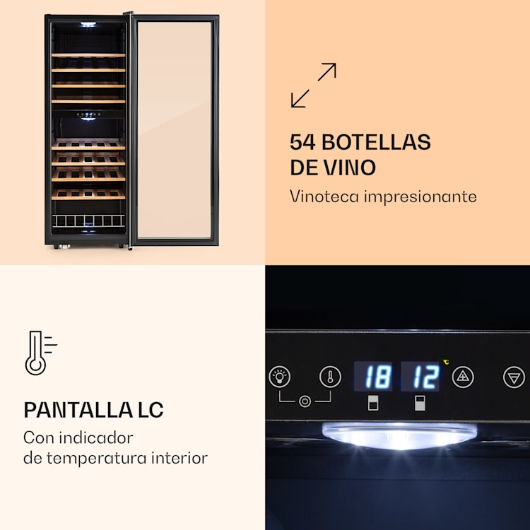 Nevera para vinos Vinamour 54 Duo, 2 zonas, 148 litros, 54 botellas, pantalla táctil 54 botellas | 2 zonas de refrigeración | Negro