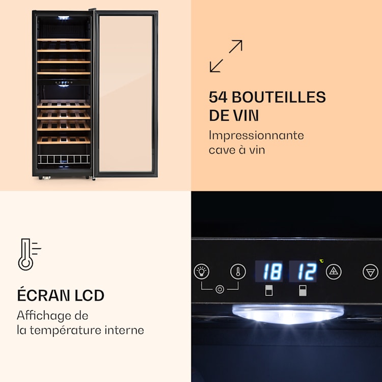 Vinamour 54 Duo cave à vin 2 zones 148 litres 54 bouteilles écran tactile 54 bouteilles | 2 zones de conservation