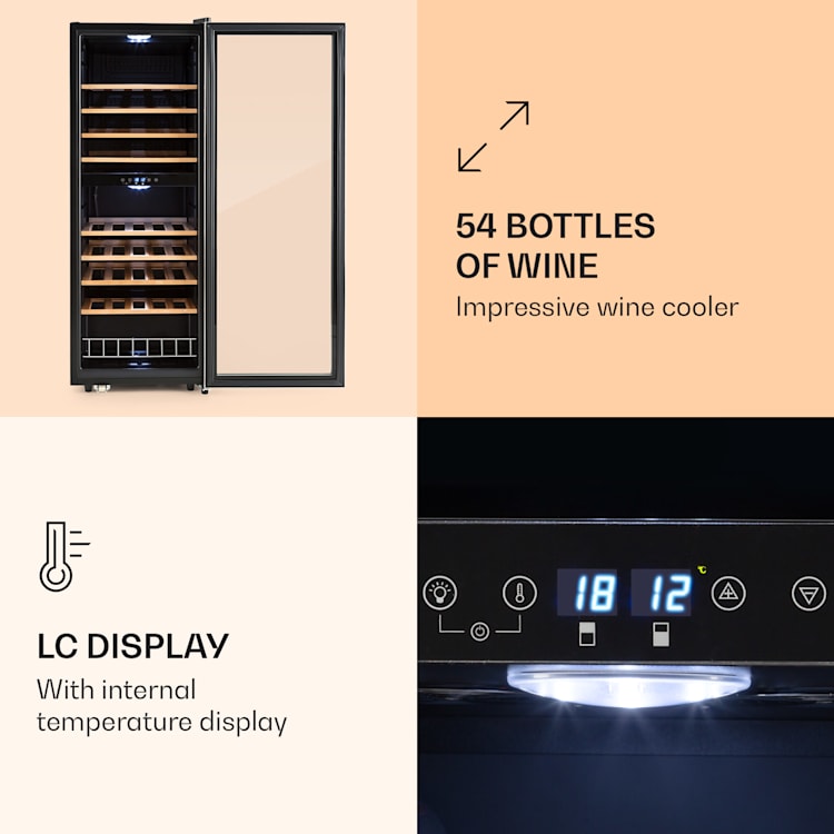 Vinamour 54D, vinska omara, 2 coni, 148 l, 54 steklenic, sprednja stran iz nerjavečega jekla 54_bottles | 2 | Črna