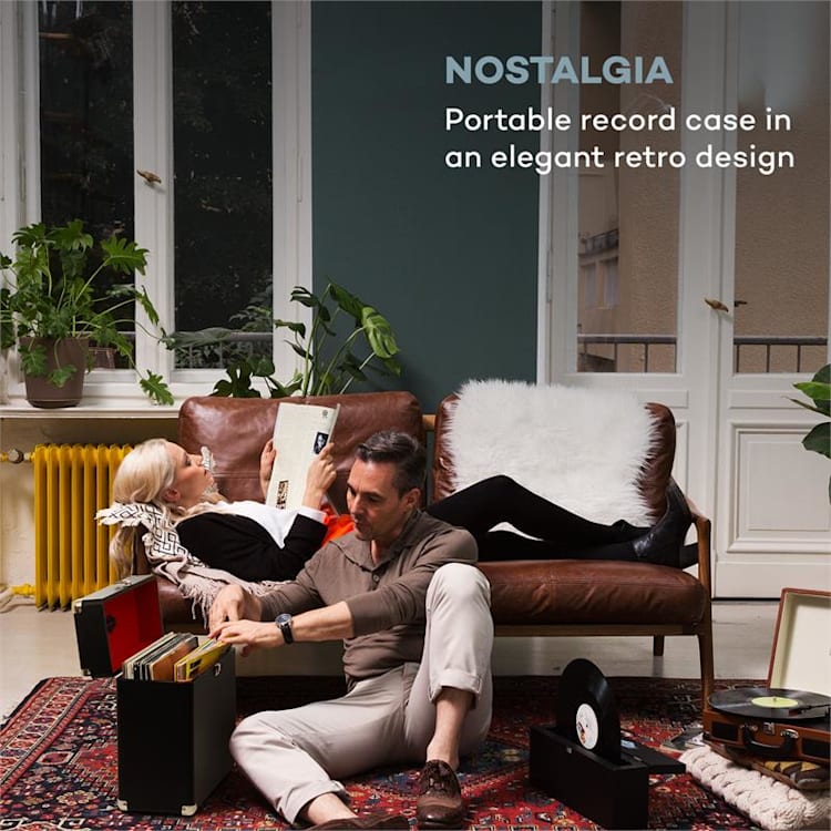 Vinylbox, walizka na płyty winylowe, skórzana, 30 płyt winylowych, styl retro, kolor czarny Czarny