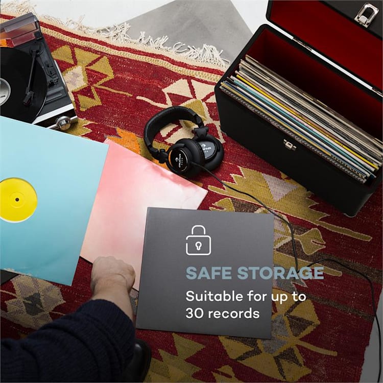 Vinylbox, walizka na płyty winylowe, skórzana, 30 płyt winylowych, styl retro, kolor czarny Czarny