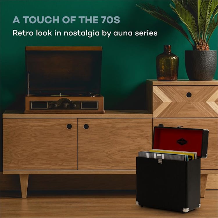 Vinylbox, walizka na płyty winylowe, skórzana, 30 płyt winylowych, styl retro, kolor czarny Czarny