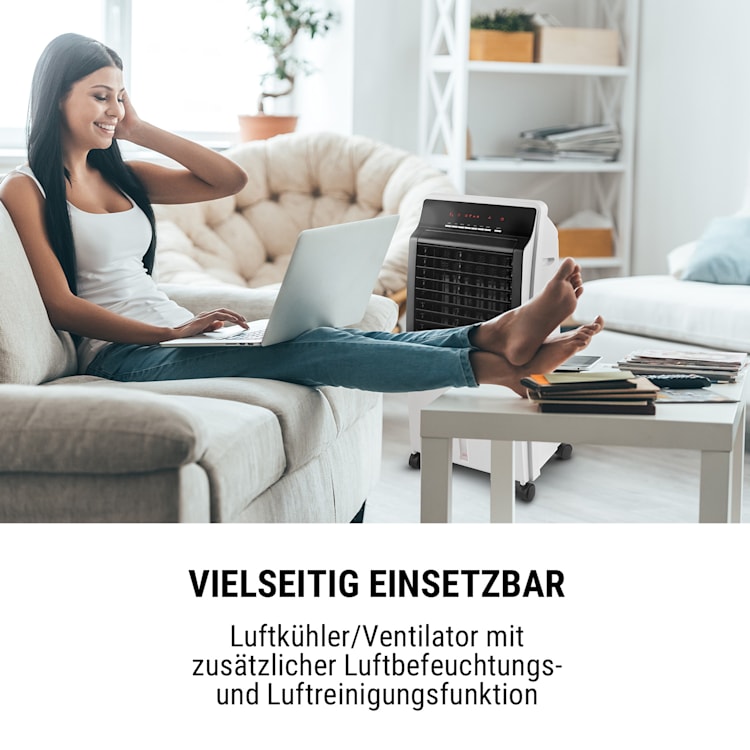 CTR-1 Heat 4-in-1 Luftkühler Ventilator Luftbefeuchter Heizgerät | Heizleistung: 2000 W | 360 m³/h | 8 Liter | 3 Geschwindigkeiten & Modi | Timer | mobil | Fernbedienung Weiß