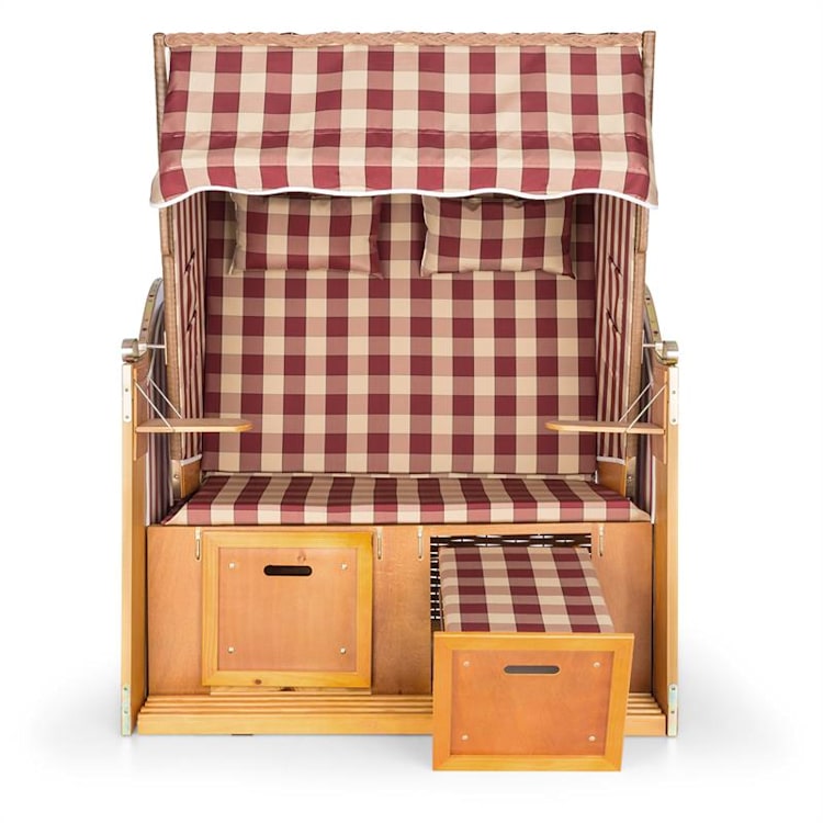 Hiddensee Strandstoel XL 2-zitter Ligstoel rood / wit geruit Eik / multi
