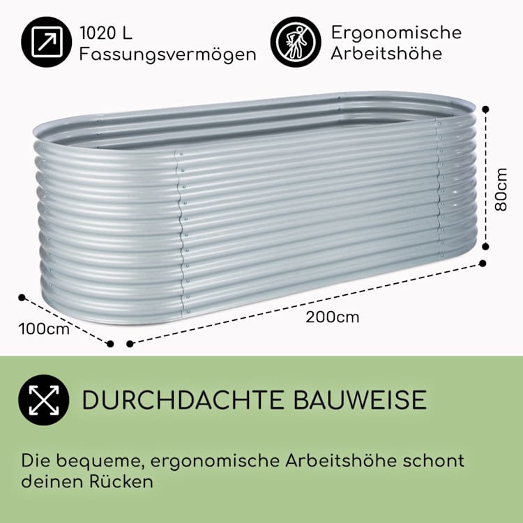 High Grow Hochbeet Gartenbeet 2,0m Zink-Alu-Beschichtung silber 2 m | Silber