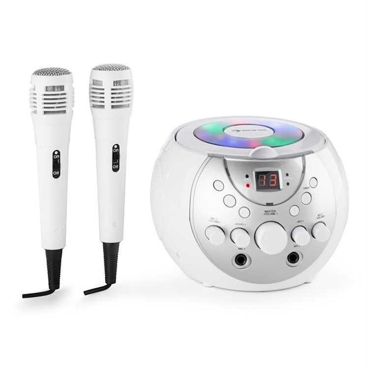 SINGSING, BÍLÝ, PŘENOSNÝ KARAOKE SYSTÉM, LED, PROVOZ NA BATERIE, 2 X MIKROFON