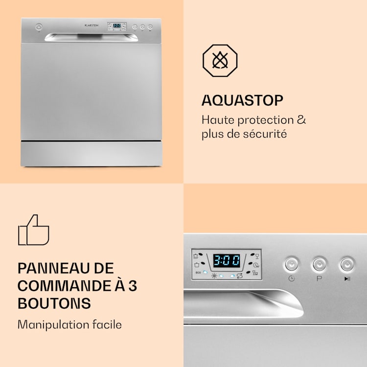 Lave-vaisselle Amazonia 8 1620 watts pour 8 couverts 49 dB Aquastop Argent