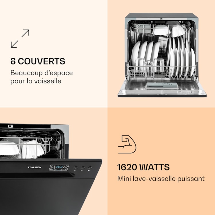 Lave-vaisselle Amazonia 8 1620 watts pour 8 couverts 49 dB Aquastop Noir