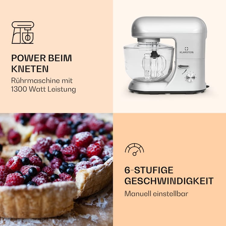Bella Argentea 2G Küchenmaschine 1300 W 5 Liter Rühr- Knethaken, Schneebesen Silber