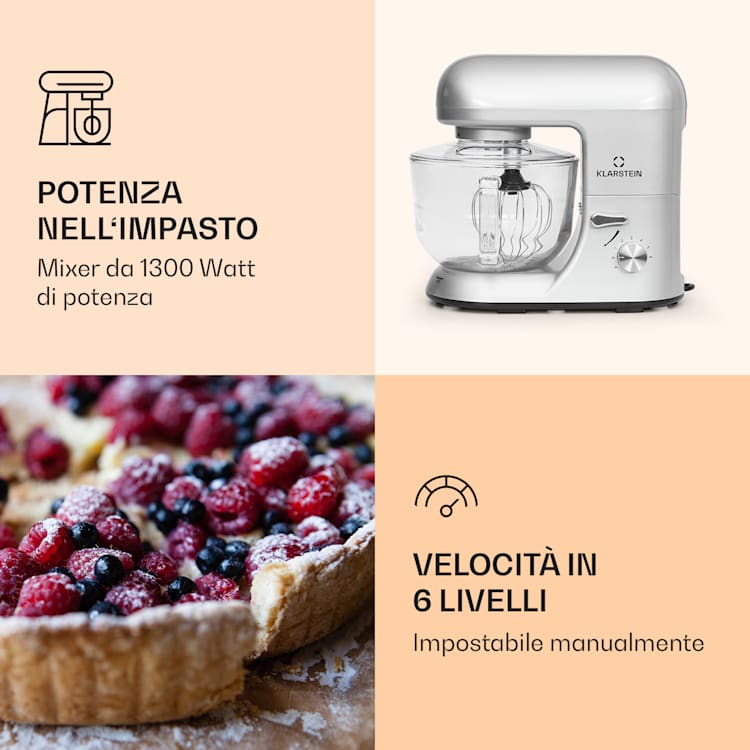 Bella Argentea 2G - Robot da cucina, 1800 W, 5 litri, Gancio per impastare e miscelare, frusta argento