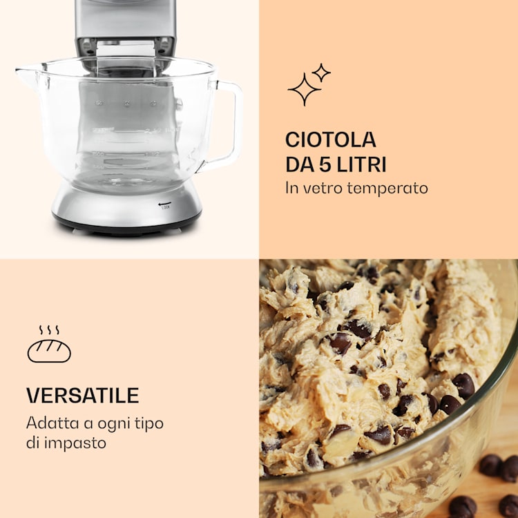Bella Argentea 2G - Robot da cucina, 1800 W, 5 litri, Gancio per impastare e miscelare, frusta argento