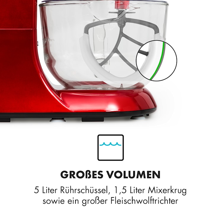 Lucia Rossa 2G Küchenmaschine Mixer Fleischwolf 1300W BPA-frei Rot