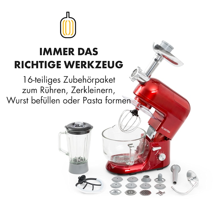 Lucia Rossa 2G Küchenmaschine Mixer Fleischwolf 1300W BPA-frei Rot