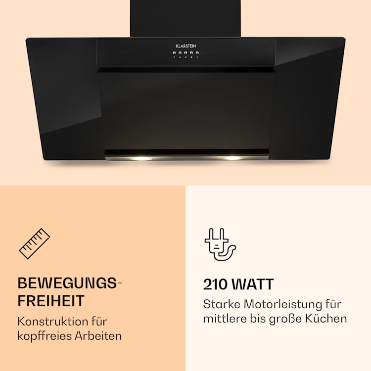 Klarstein Zola 90 Dunstabzugshaube 210 W 607m³/h 2-teiliger Kamin 304er Edelstahl 90 cm | Schwarz