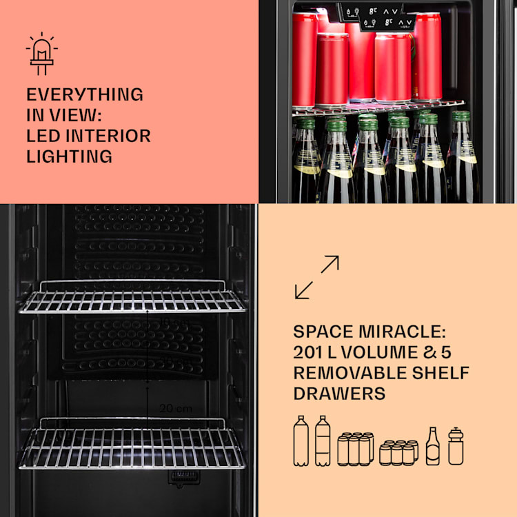 Beersafe 6XL Réfrigérateur 201 litres 5 étagères Porte en verre panoramique Acier inoxydable 201 L | Acier Inoxydable