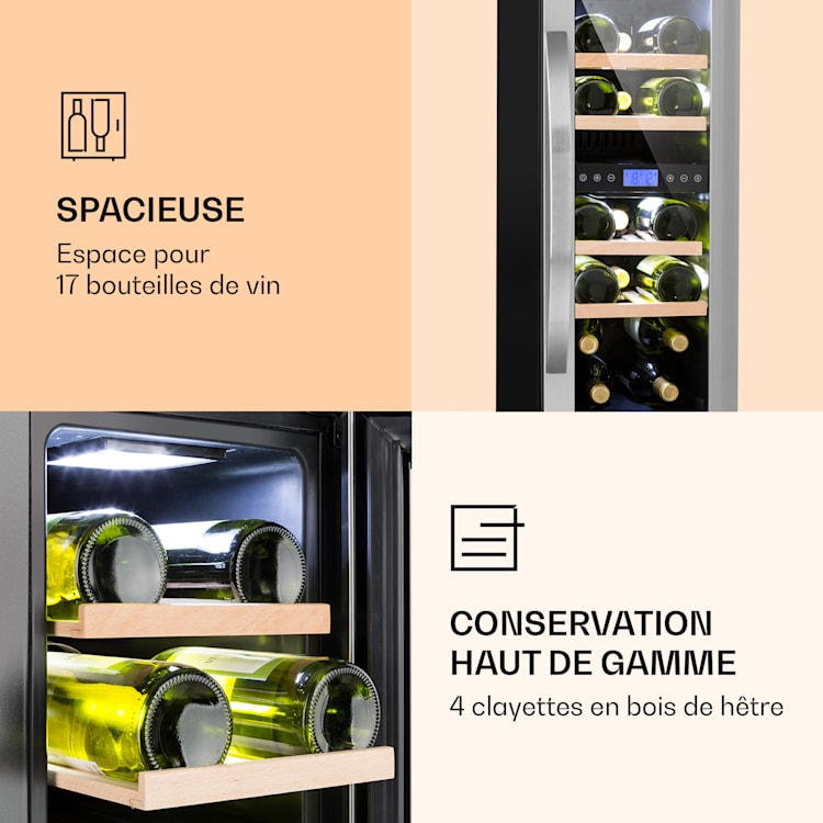 Vinovilla 17 cave à vin à deux zones Duo encastrable 53 L 17 bouteilles 3 couleurs porte vitrée Argent