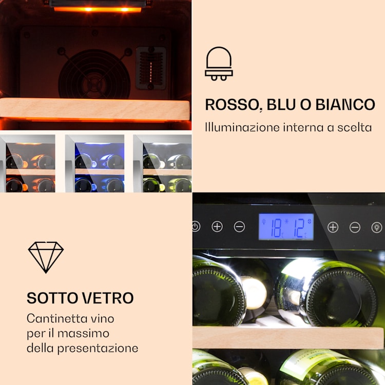 Cantinetta-frigo per vini Vinovilla 17 Built-In Duo a due zone 53l 17 bott. 3 colori anta in vetro Argento