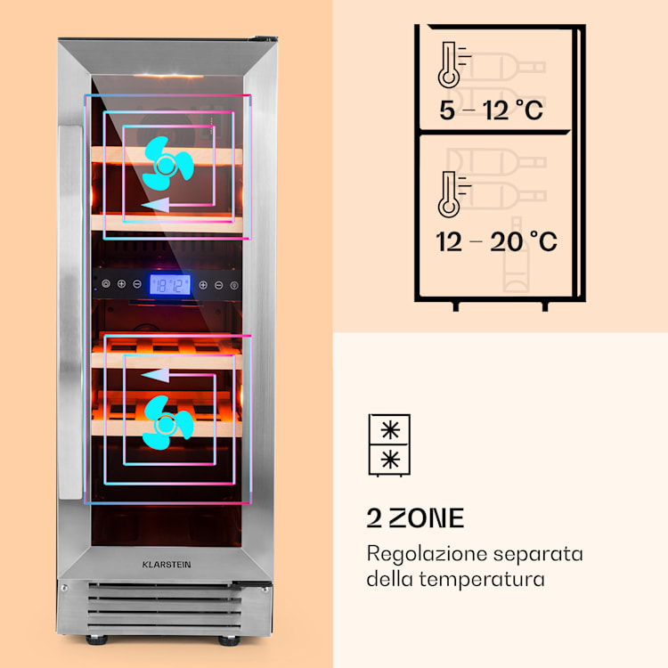 Cantinetta-frigo per vini Vinovilla 17 Built-In Duo a due zone 53l 17 bott. 3 colori anta in vetro Argento
