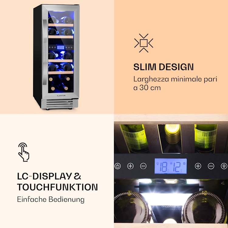 Cantinetta-frigo per vini Vinovilla 17 Built-In Duo a due zone 53l 17 bott. 3 colori anta in vetro Argento