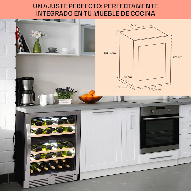 Vinovilla 43 Built-In Duo Nevera doble para vinos de 129 litros, 43 botellas y puerta de cristal de 3 colores 43 botellas | 2 zonas de refrigeración | Acero Inoxidable