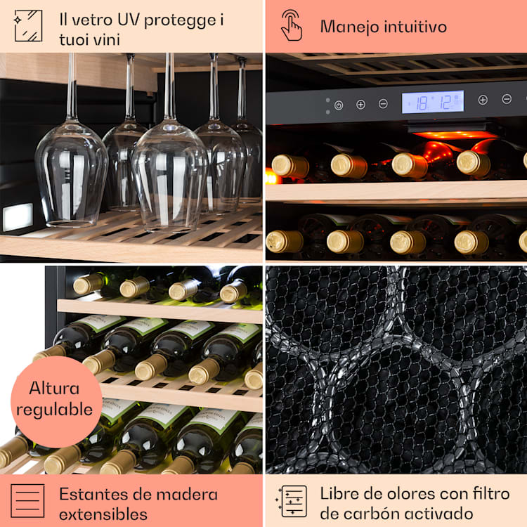 Vinovilla Grande 165 Frigorífico para vino empotrable 425l 165Fl. Puerta de cristal en 3 colores 425 L | 2 zonas de refrigeración