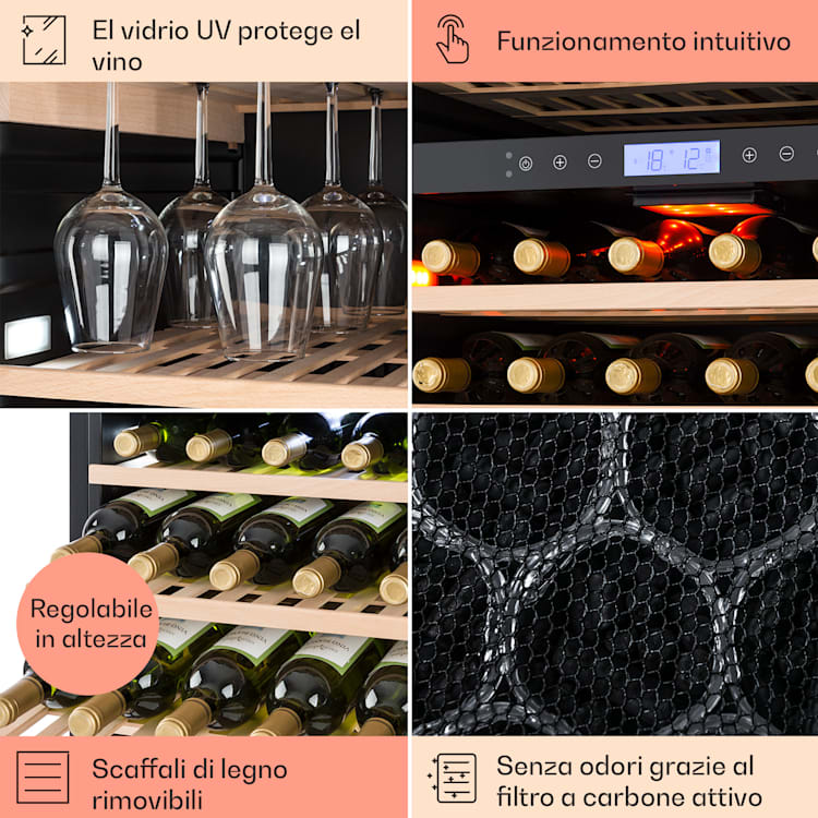 Vinovilla Grande 165 Built-in Duo - Frigorifero per vini, 425 l, 165 bottiglie, luce a 3 colori, sportello in vetro 425 Ltr | 2 zone di raffreddamento