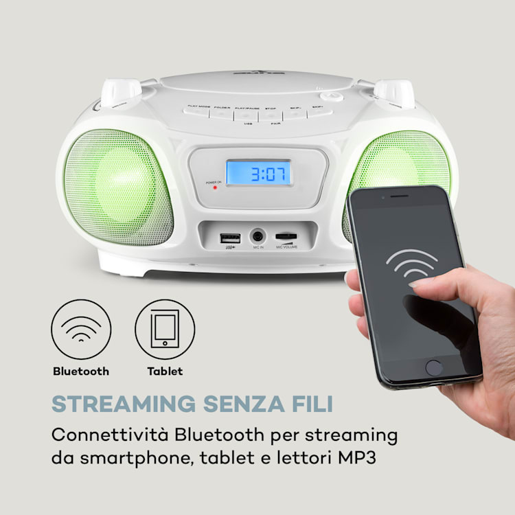 Roadie Sing CD Boombox, radio FM, spettacolo di luci, lettore CD, microfono Bianco