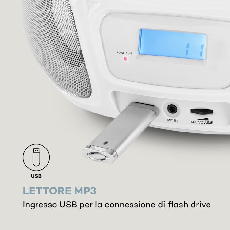 Roadie Sing CD Boombox, radio FM, spettacolo di luci, lettore CD, microfono Bianco