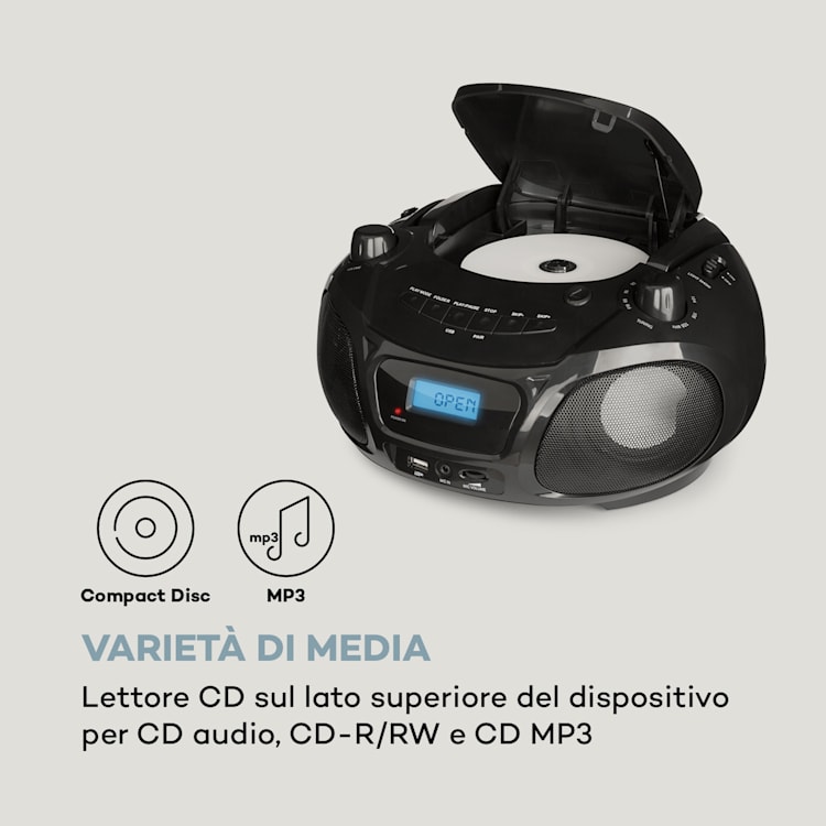 Roadie Sing CD Boombox, radio FM, spettacolo di luci, lettore CD, microfono Nero