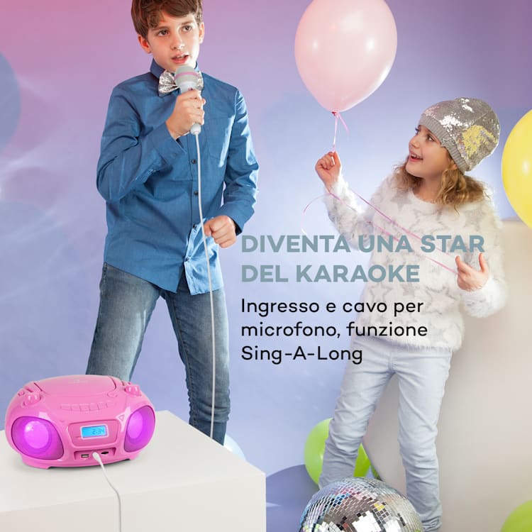 Roadie Sing CD Boombox, radio FM, spettacolo di luci, lettore CD, microfono Rosa confetto