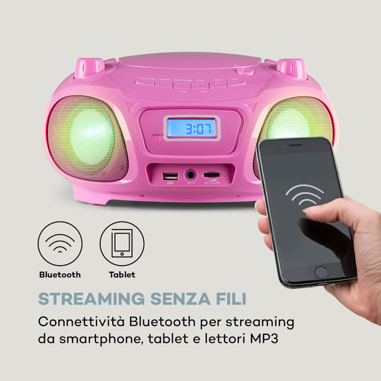Roadie Sing CD Boombox, radio FM, spettacolo di luci, lettore CD, microfono Rosa confetto