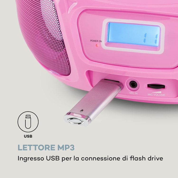 Roadie Sing CD Boombox, radio FM, spettacolo di luci, lettore CD, microfono Rosa confetto