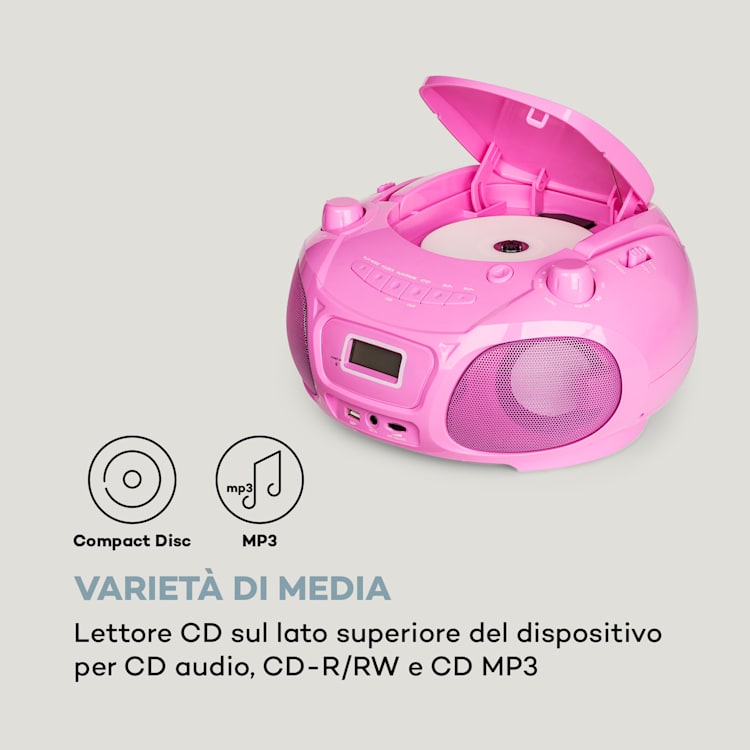 Roadie Sing CD Boombox, radio FM, spettacolo di luci, lettore CD, microfono Rosa confetto