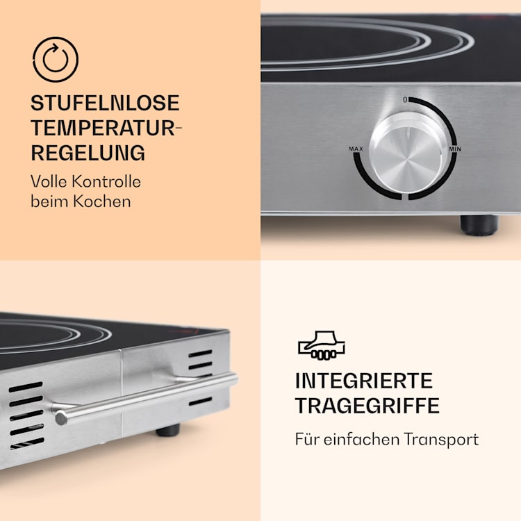 VariCook Duo Kochplatte 3000W Edelstahlgehäuse Tragegriffe Silber