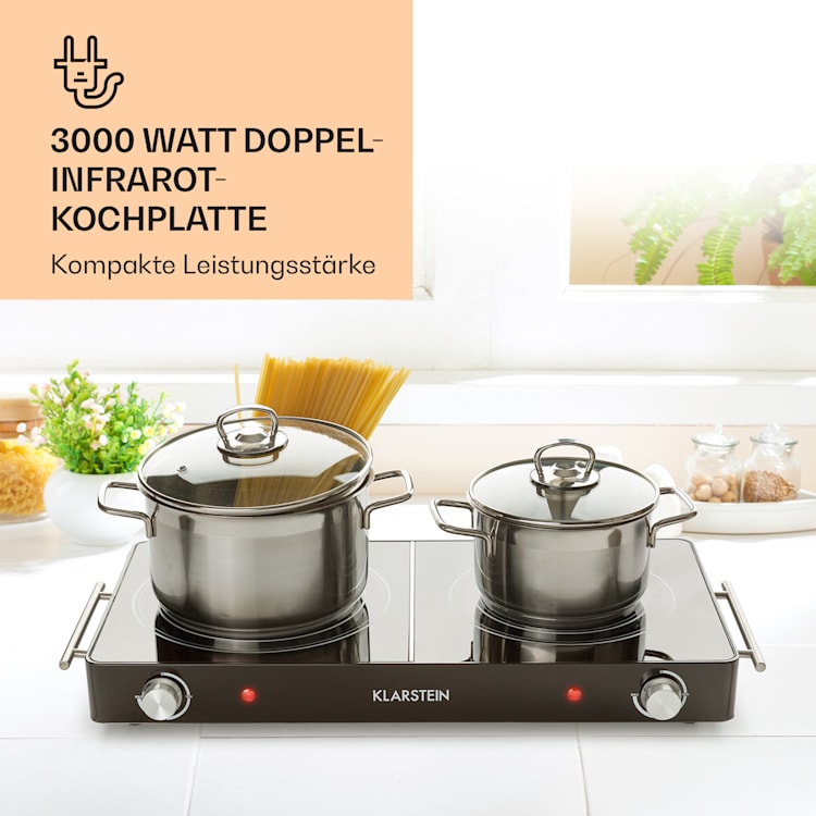 VariCook Duo Kochplatte 3000W Edelstahlgehäuse Tragegriffe Schwarz