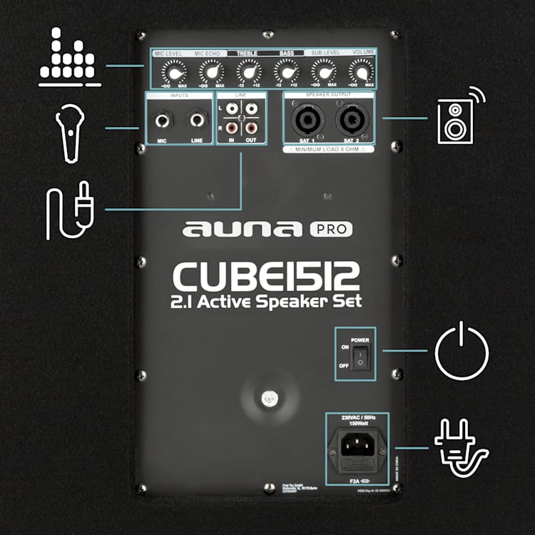 Cube 1512 2.1 set PA activo, 1200 W, 15" subwoofer, 2 x 12" altavoz
