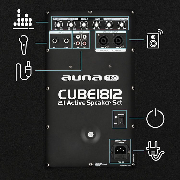 Cube 1812 2.1 Set PA Attivo, 1600 Watt, Subwoofer 18", 2 x Altoparlante 12" 1600 W