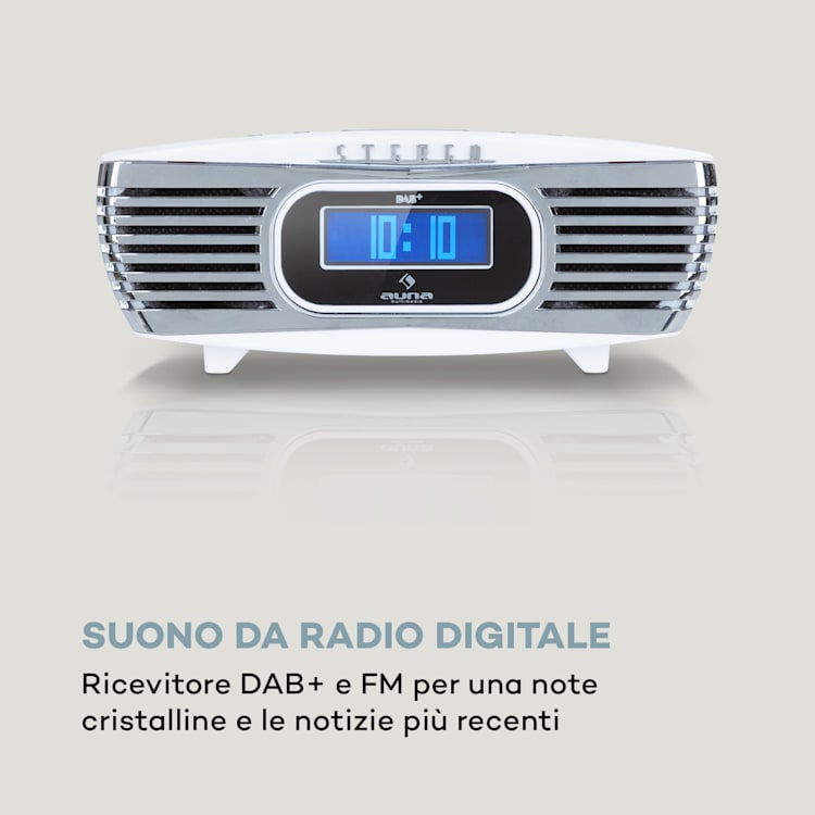 Dreamee DAB+ Radiosveglia Lettore CD DAB+/VHF CD-R/RW/MP3 AUX Retrò Bianco Bianco / Argento metallizzato