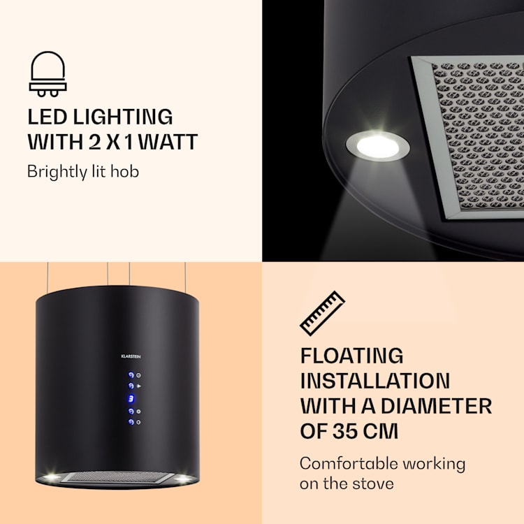 Barett, ostrovčekový digestor, Ø 35 cm, recirkulácia 560 m³/h, LED, filter s aktívnym uhlím, čierny Čierna