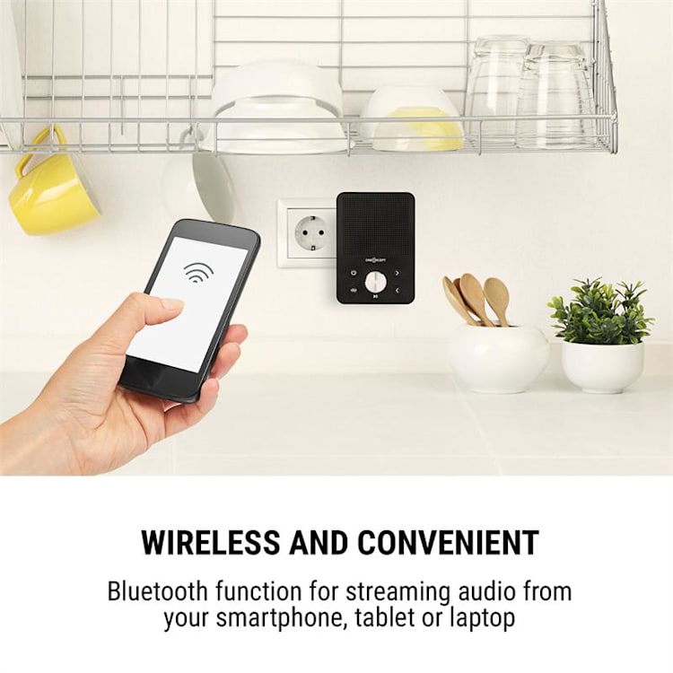 Plug+Play FM stickkontakt-radio, FM-tuner, USB, BT, svart Svart