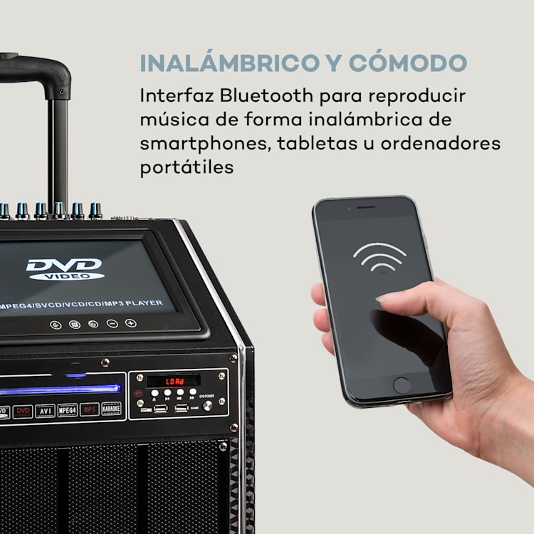 DisGo Box 100 DVD Equipo PA móvil 300 W máx. Display TFT 9" DVD BT Con pantalla