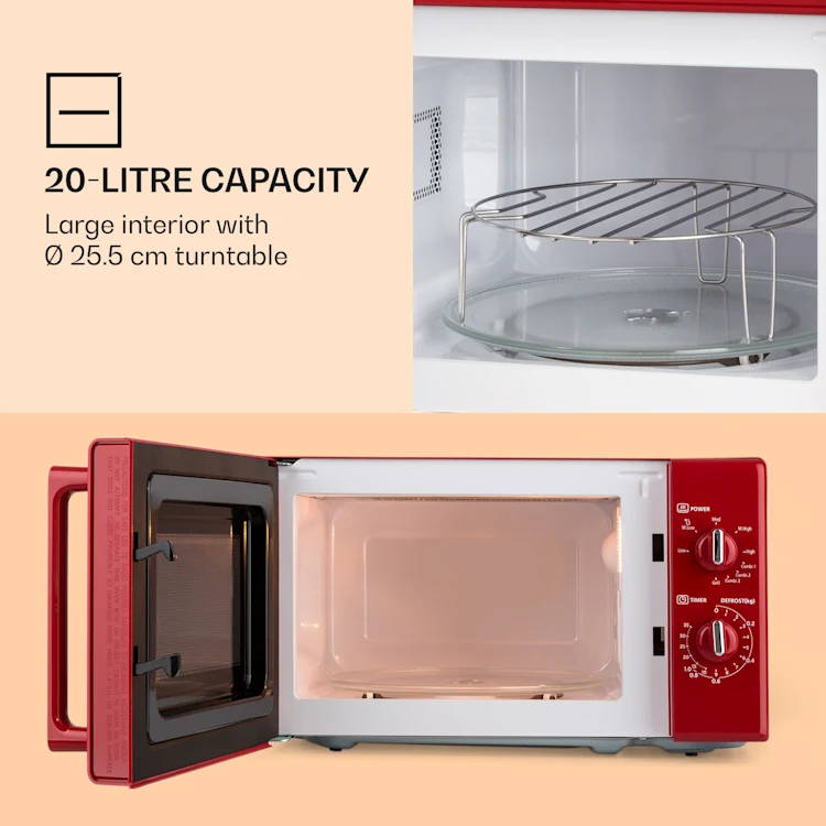 Caroline microwave grill | 20 litres | 700 W microwave / 1000 W grill | turntable Ø 25.5 cm | QuickSelect | retro design Red