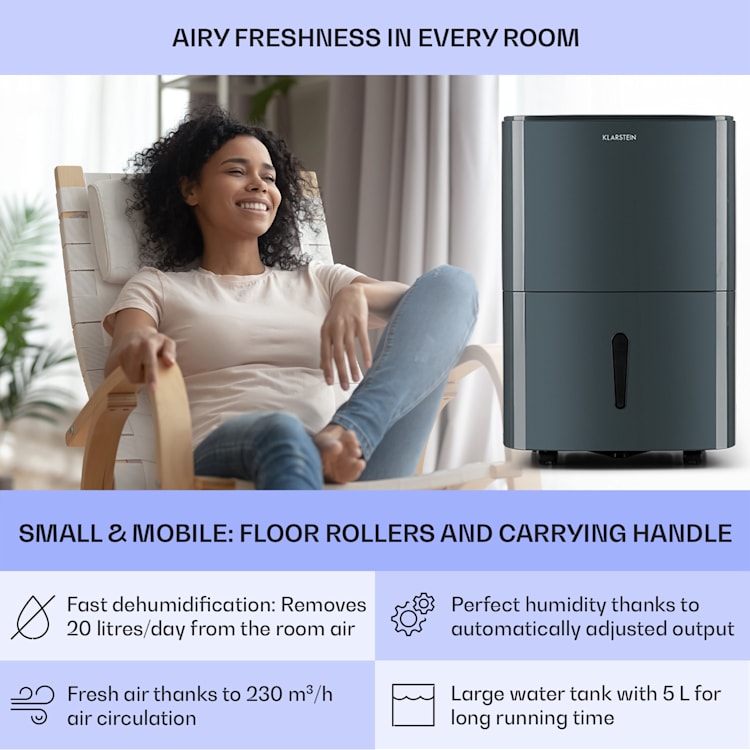 DryFy20 luchtontvochtiger 420W 20l/d 230m³/h 40-50m² DrySelect 45dB 20l/24h | Antraciet