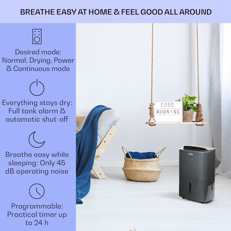 DryFy20 luchtontvochtiger 420W 20l/d 230m³/h 40-50m² DrySelect 45dB 20l/24h | Antraciet