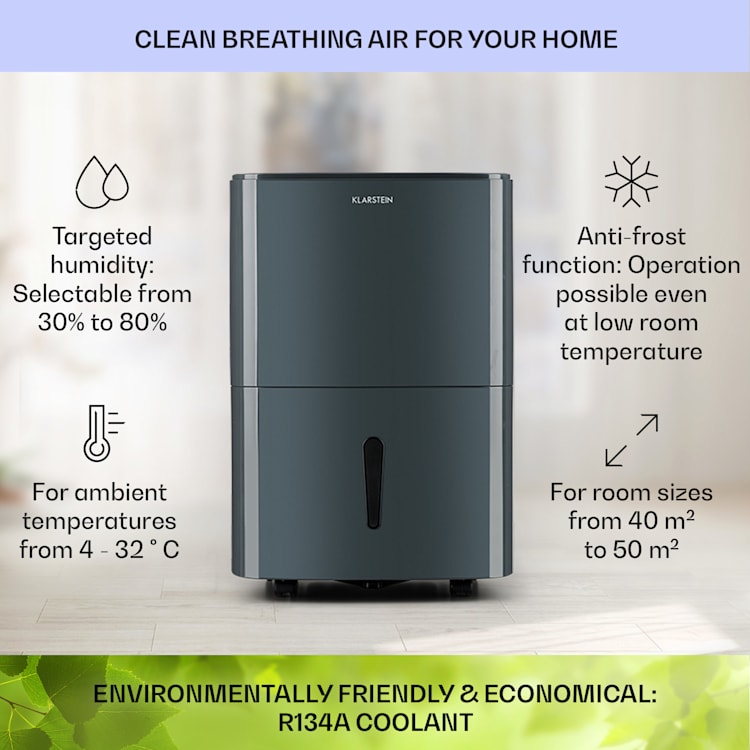 DryFy20 luchtontvochtiger 420W 20l/d 230m³/h 40-50m² DrySelect 45dB 20l/24h | Antraciet