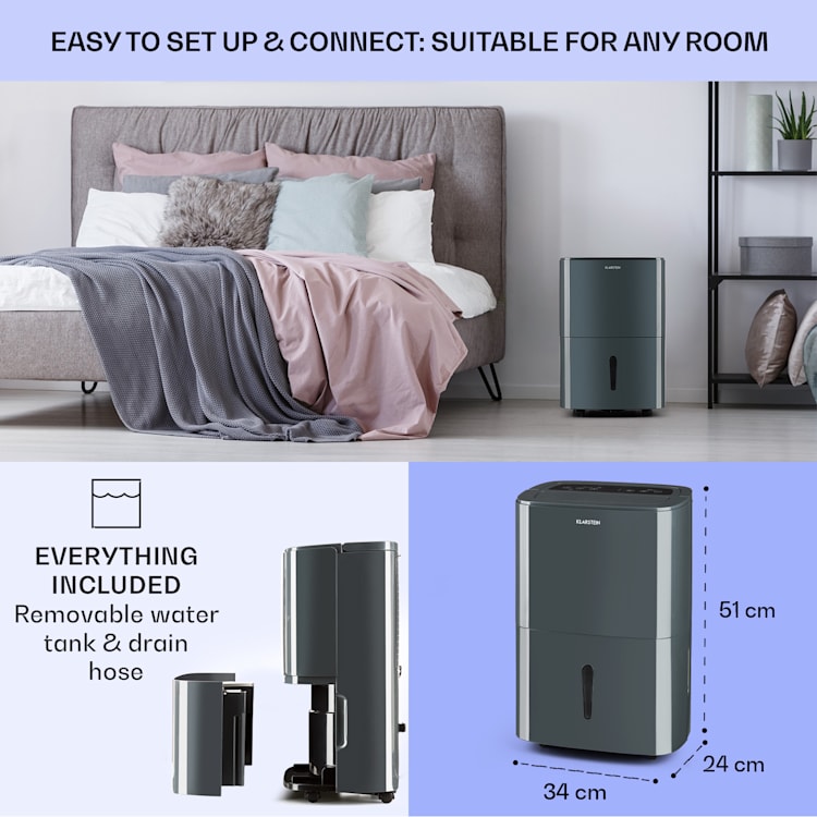 DryFy20 luchtontvochtiger 420W 20l/d 230m³/h 40-50m² DrySelect 45dB 20l/24h | Antraciet